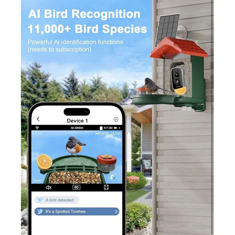 Smart Bird Feeder & Bath 2-in-1 4K Camera Solar AI Identify Outdoor Birdwatching